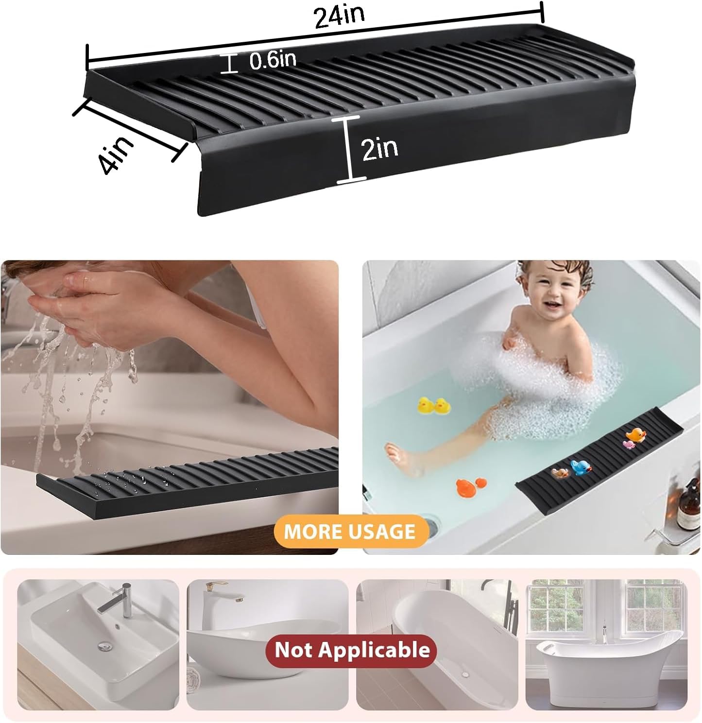 Sink Edge Protector with Suction Cup 14" 20" 24" 30", Silicone Sink Splash Guard for Kitchen & Bathroom, Protect Countertop from Scratches, Stains, for Stainless Steel Granite Quartz-Grey