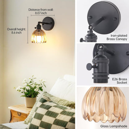 Shenmoyl Vintage Battery Operated Wall Sconce with Green Tulip Glass Lampshade Rechargeable Battery Powered Wall Light with Remote Control for Bedside Bedroom Doorway