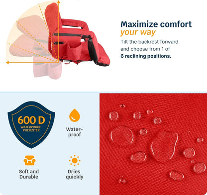 Heated Reclining Stadium Seat for Bleachers – Wide Bleacher Chair with Back Support and Cushion, Armrests, Side Pockets, & Hook – Stadium Seats Chairs for Camping, Kayak, Paddle Board & More