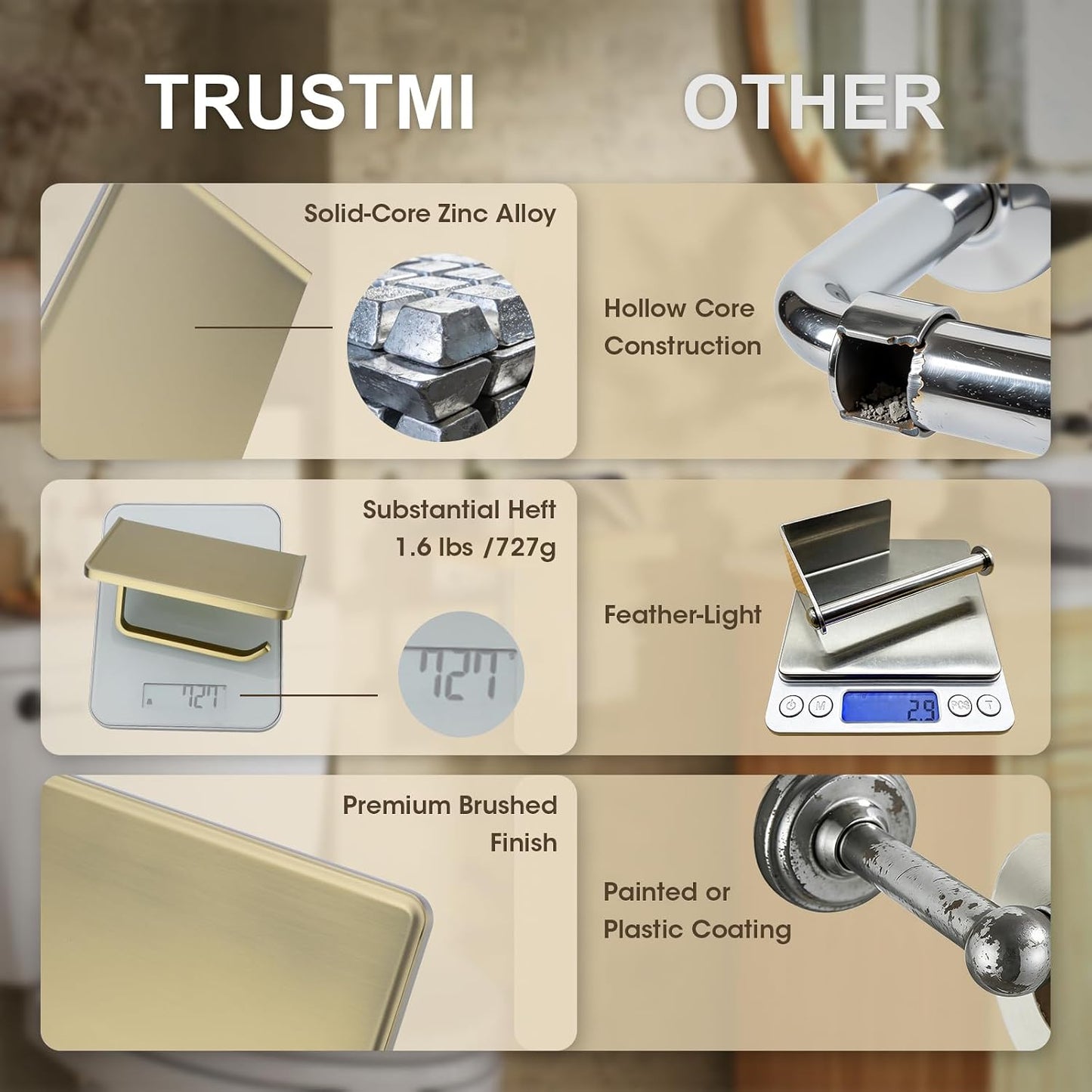 TRUSTMI Toilet Paper Holder with Phone Shelf, Zinc Alloy, Brushed Gold | Solid zinc alloy holder holds 15 lbs and fits jumbo rolls. Shelf stores phones and wipes for easy bathroom organization
