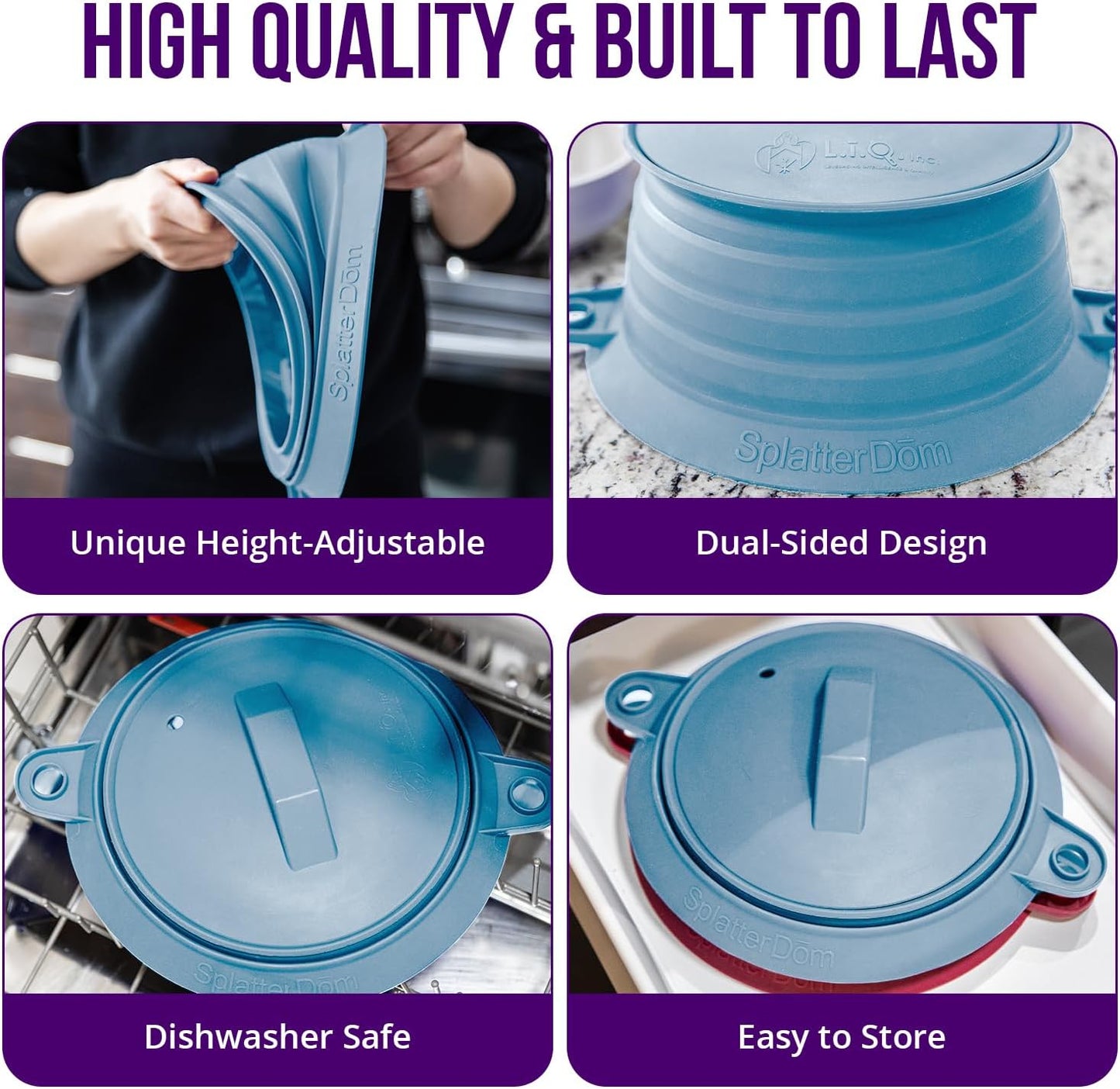 L.I.Q. Silicone Splatter Guard, Durable SplatterDom, Blue Steel, Large | 10 and 12 Inch Pots, 10'' Lid, Food and Oil Splash Guard for Cooking, Easy to Clean and Store, BPA-Free, Microwave Safe