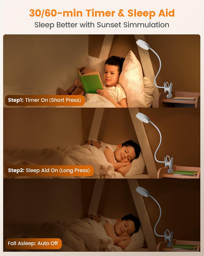 Glocusent 72 LED Desk Lamp, Bed Lamp with Amber Ring& Amber Mode | 3 Colors & 5 Brightness, 2.75" Clamp & 30Min Timer, USB Powered with Remote, Clamp Light for Headboard/Dorm/Bunk/Work/Craft