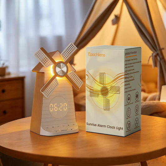 Sunrise Alarm Clock Rotating Windmill, White Noise Sleep Aid Gift | 20 Soothing Sounds, Easy Snooze Wake Up Light, 4-Level Dimmer Bedside Night Light, 30/60/90min Timer, Bedroom for Adults/Kids