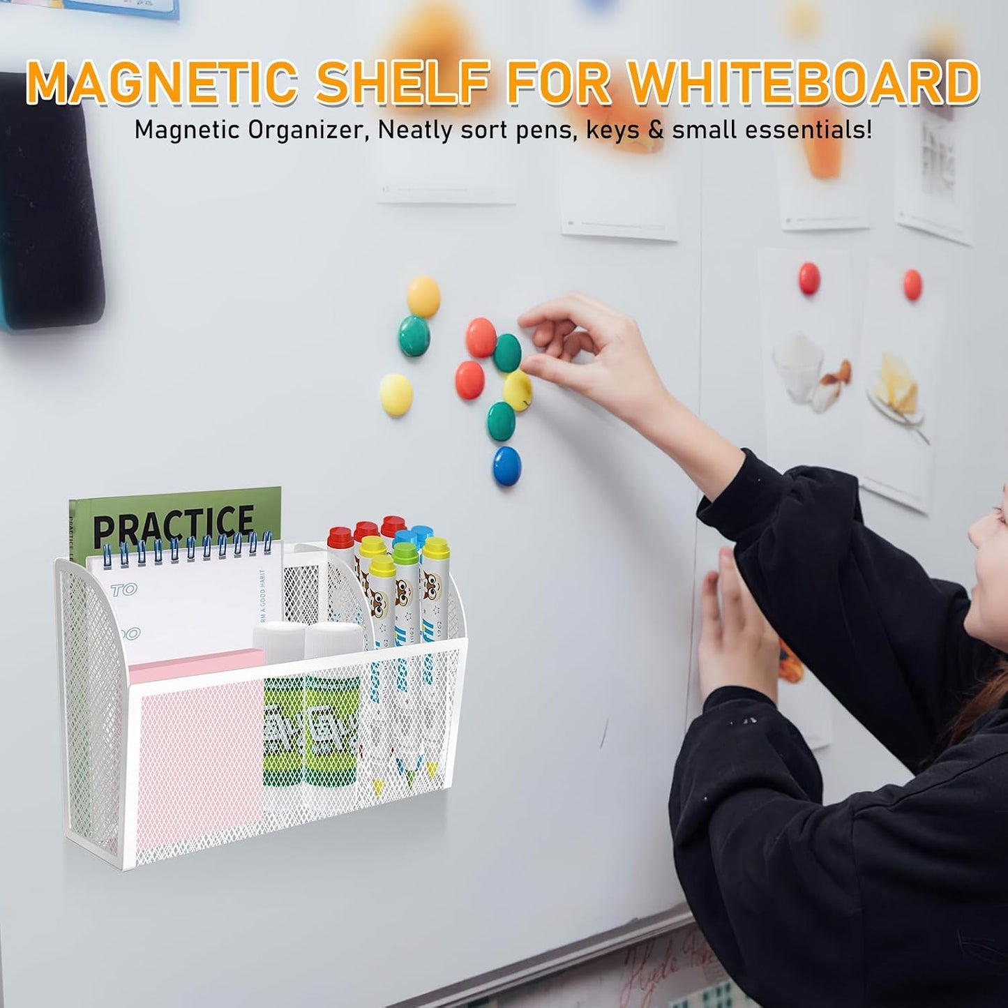 Magnetic Pencil Holder-Magnetic Basket for Fridge 3-Grid Mesh Magnetic Pen Holder for Refrigerator, Extra Strong Magnets Mesh Marker Holder Locker Accessories Organizer for Whiteboard