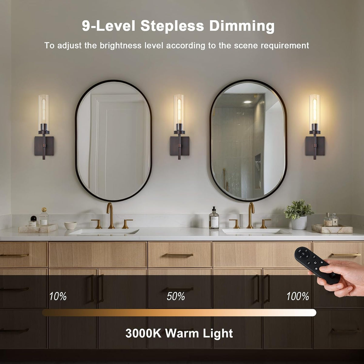 Wireless Wall Sconces with Remote Control, Battery Operated Wall Sconce Set of 2, Black & Gold Rechargeable Dimmable Wall Light for Bedroom Living room Bathroom Hallway Entryway Stairwell, 3000K