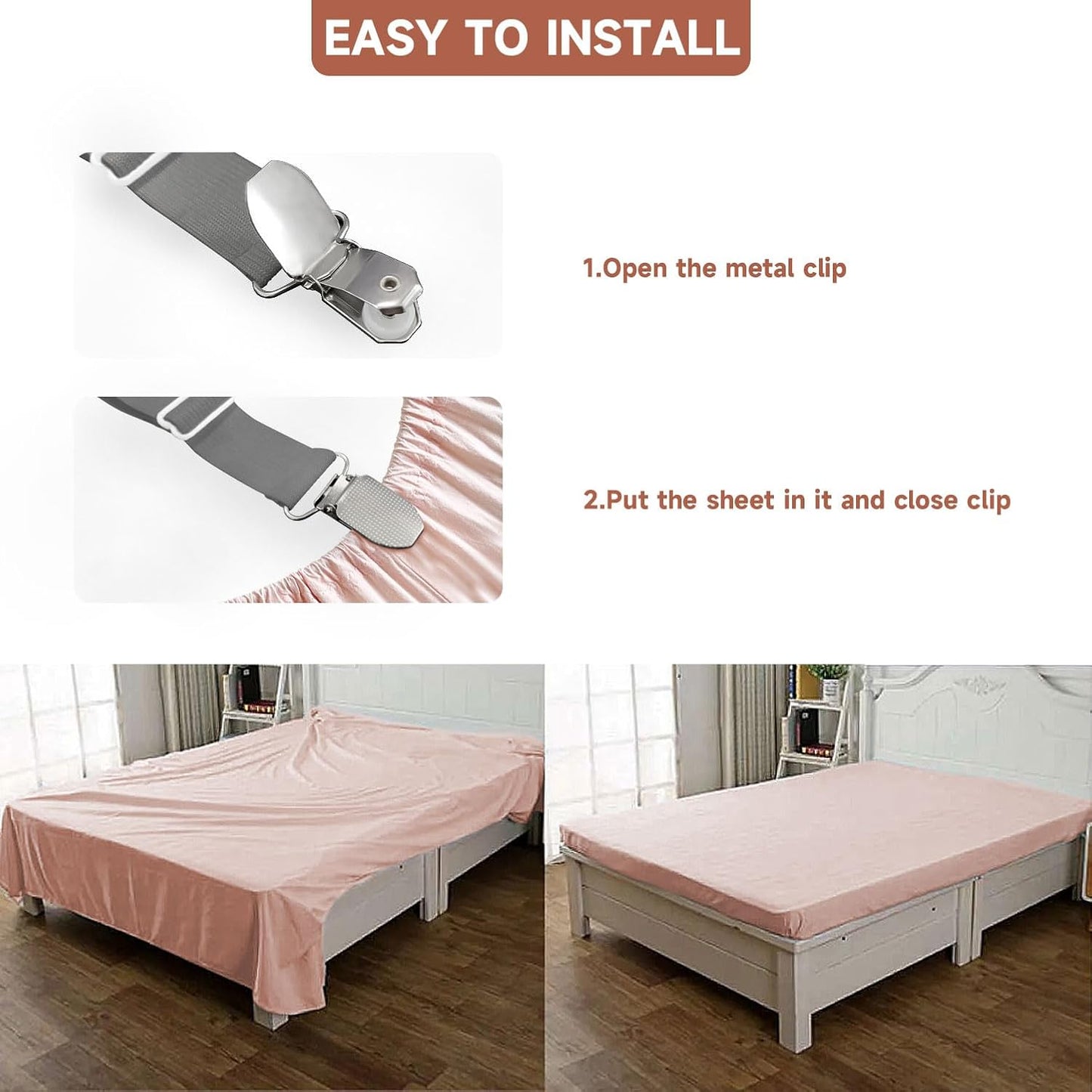 Bed Sheet Straps, Upgrade Fitted Bed Sheet Holders for Corners, Non Slip Sheet Clips White 4Pcs