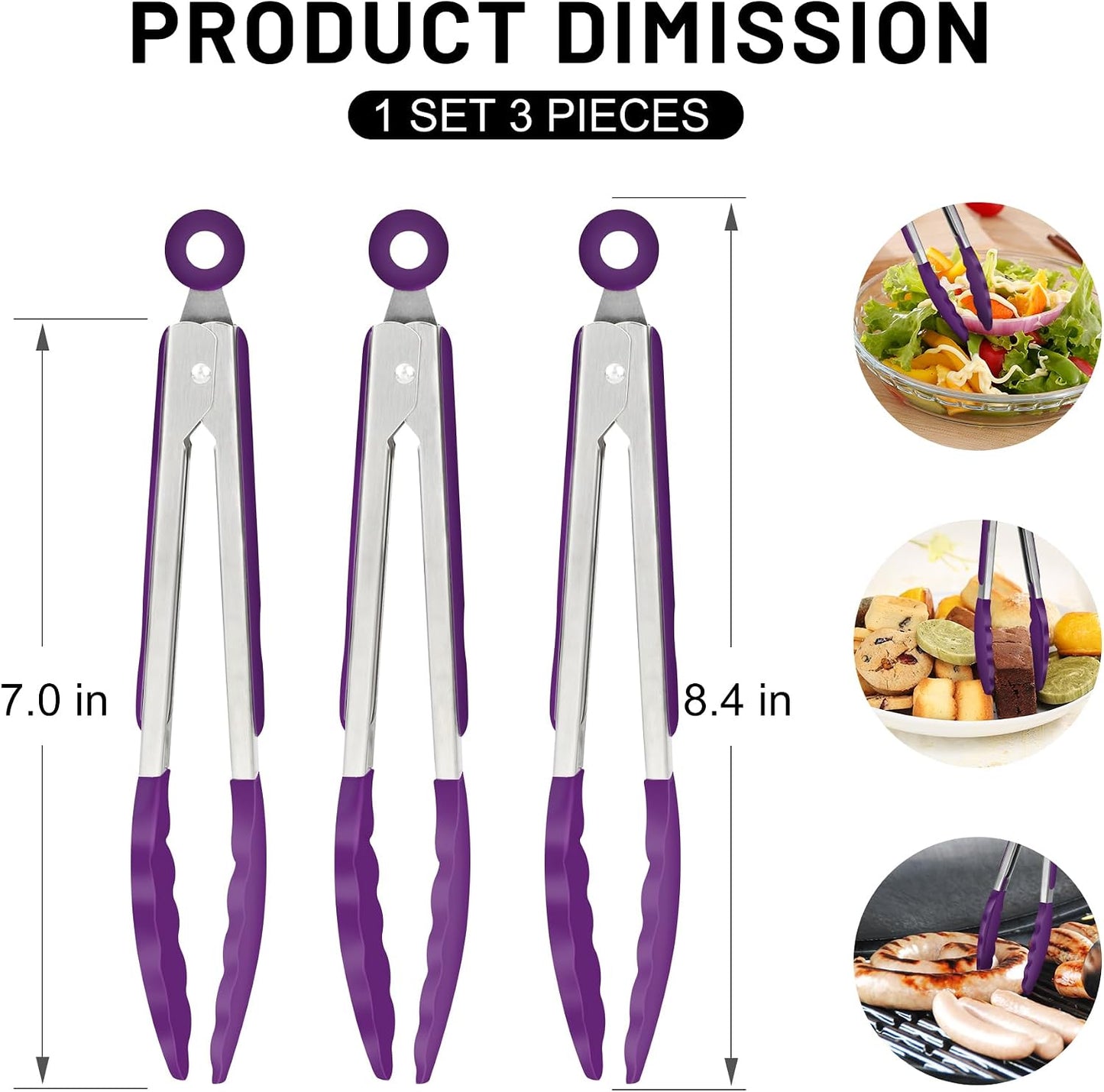Hotec Mini Silicone Kitchen Tongs for Cooking - 7-Inch Small Serving Tongs with Silicone Tips, Set of 3 (Black,Grey,Light Blue)