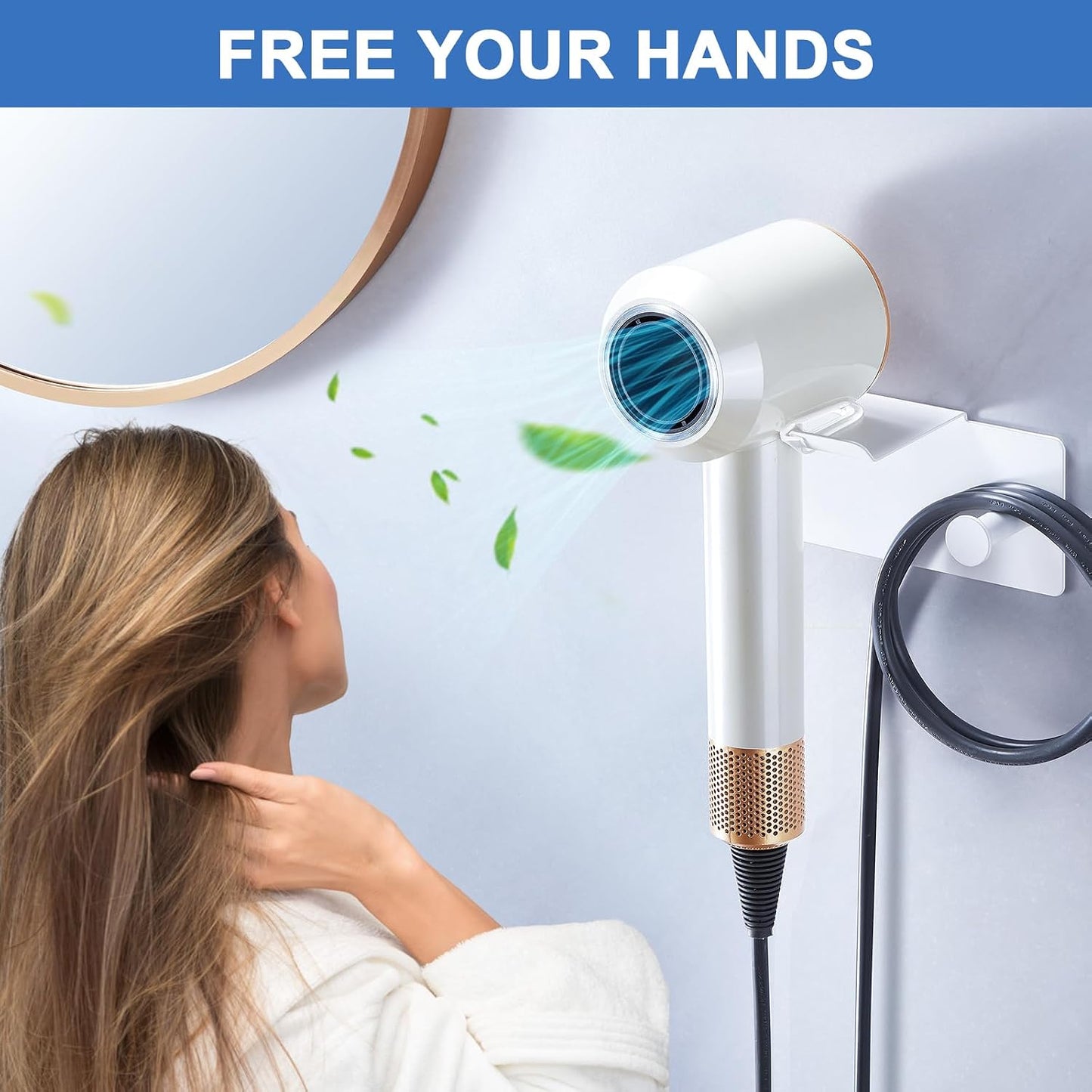 Hair Dryer Holder Wall Mounted, Blow Dryer Holder Adhesive, Metal Hairdryer Holder for Bathroom, Hair Tool Organizer with Plug&Cord for Cabinet Bathroom Bedroom Barber Shops (Rose Gold)