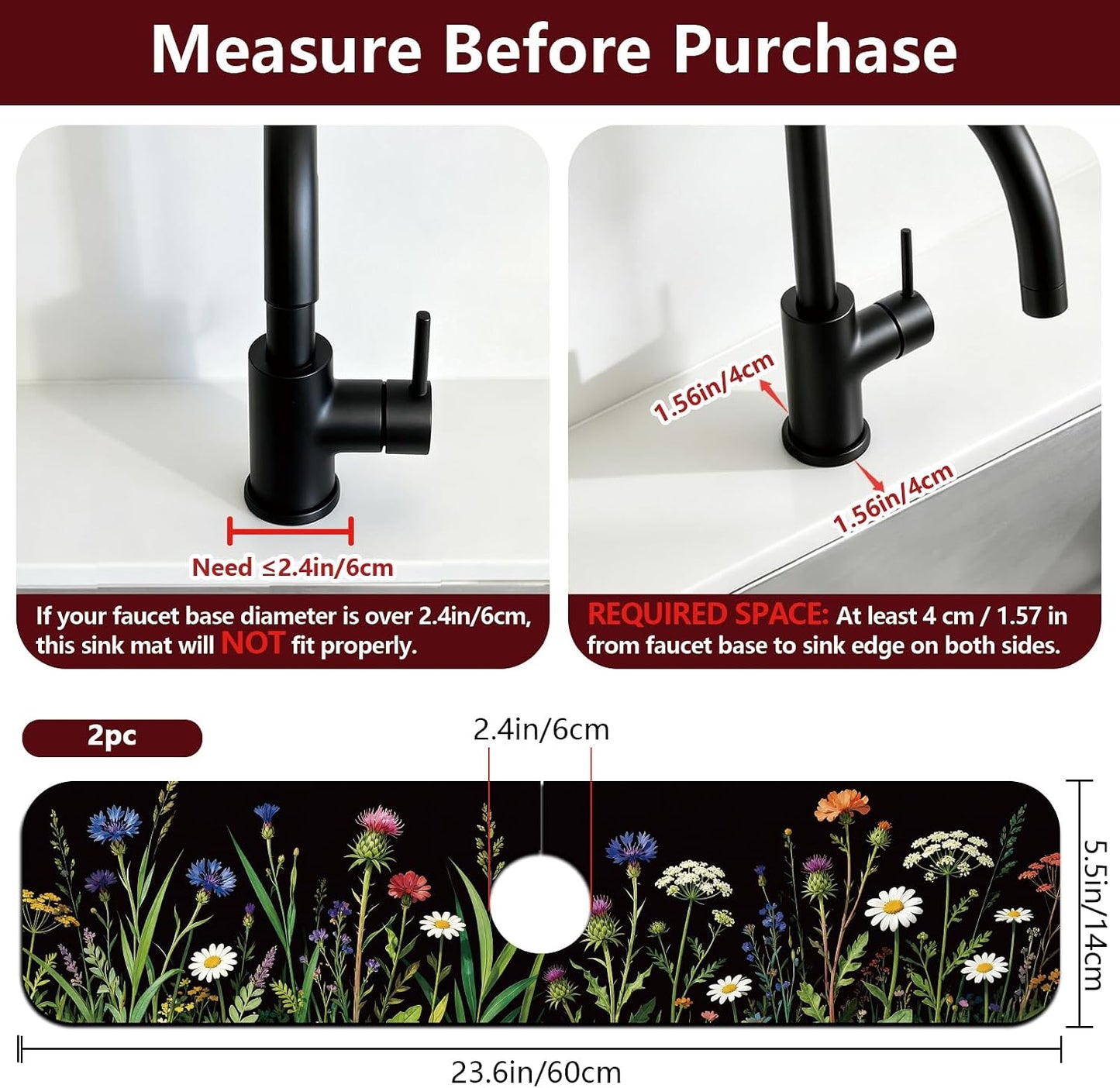 2Pcs Peonies Kitchen Sink Splash Guard Faucet Mat Vintage Florals Faucet Mat For Bathroom Kitchen 5.5x23.6In