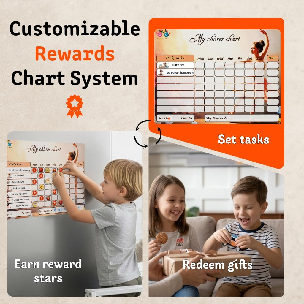 Mimi Doodle Magnetic Chore Chart for Kids – 16x12 Dry Erase Daily Responsibility Board for Fridge with 39 Chore tabs, 100 Reward Stickers – Behavior Chart for Kids at Home – Simple Theme