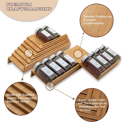 Bamboo Spice Rack Drawer Organizer - 8 Pieces Set- 7" Wide Per Piece - Combine Pieces Into 14" Wide Rack (7" or 14")