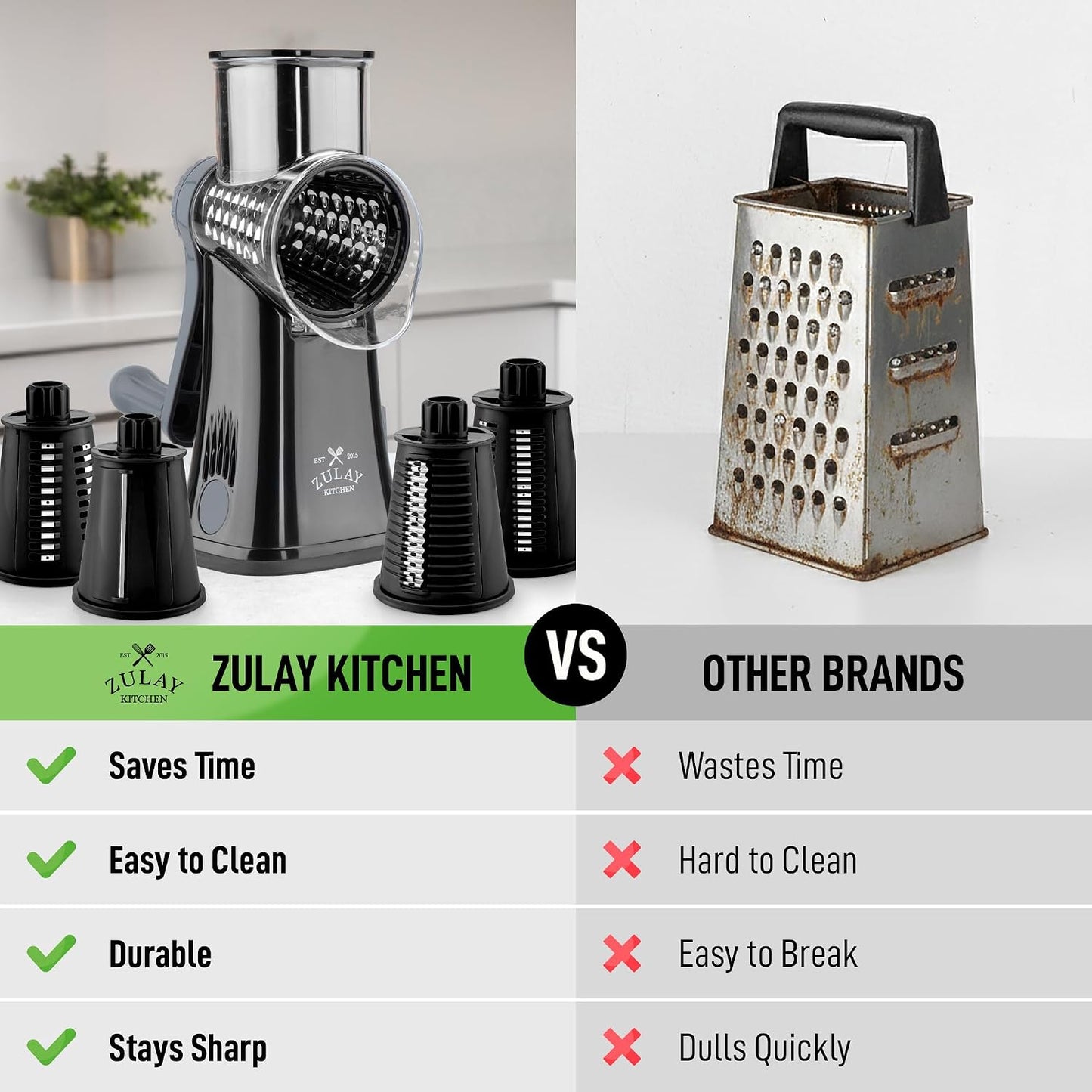 Zulay Kitchen Rotary Cheese Grater 5 Blade Cheese Shredder - Manual Hand Crank Cheese Grater With Reinforced Suction & 5 Interchangeable Drums - Easy to Use, Vegetable Chopper Round Mandoline Slicer - Colors B