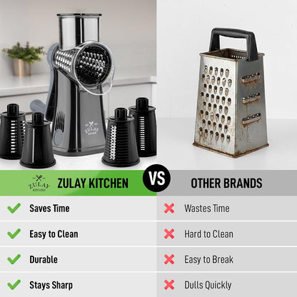 Zulay Kitchen Rotary Cheese Grater 5 Blade Cheese Shredder - Manual Hand Crank Cheese Grater With Reinforced Suction & 5 Interchangeable Drums - Easy to Use, Vegetable Chopper Round Mandoline Slicer - Colors B