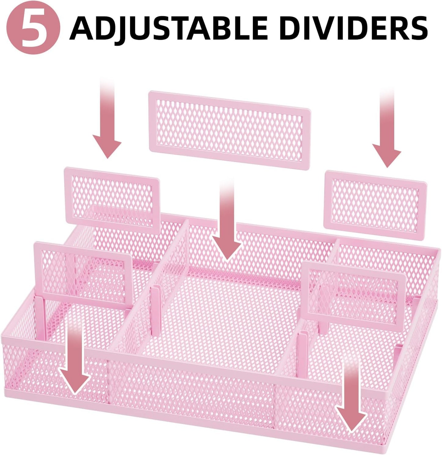 Marbrasse 2 Pack Desk Drawer Organizer, Mesh Drawer Organizer Tray with 8 Adjustable Compartments, Desk Organizers and Accessories, 5 Dividers Drawer for Office Supplies, Makeup & Vanity (Black)