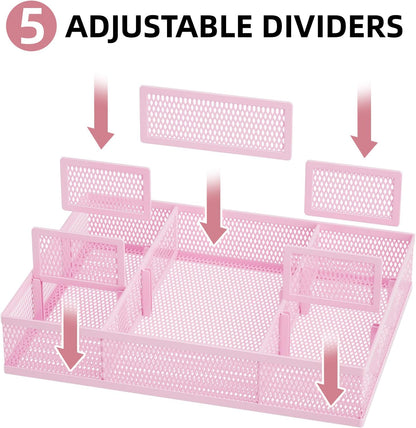 Marbrasse 2 Pack Desk Drawer Organizer, Mesh Drawer Organizer Tray with 8 Adjustable Compartments, Desk Organizers and Accessories, 5 Dividers Drawer for Office Supplies, Makeup & Vanity (Black)