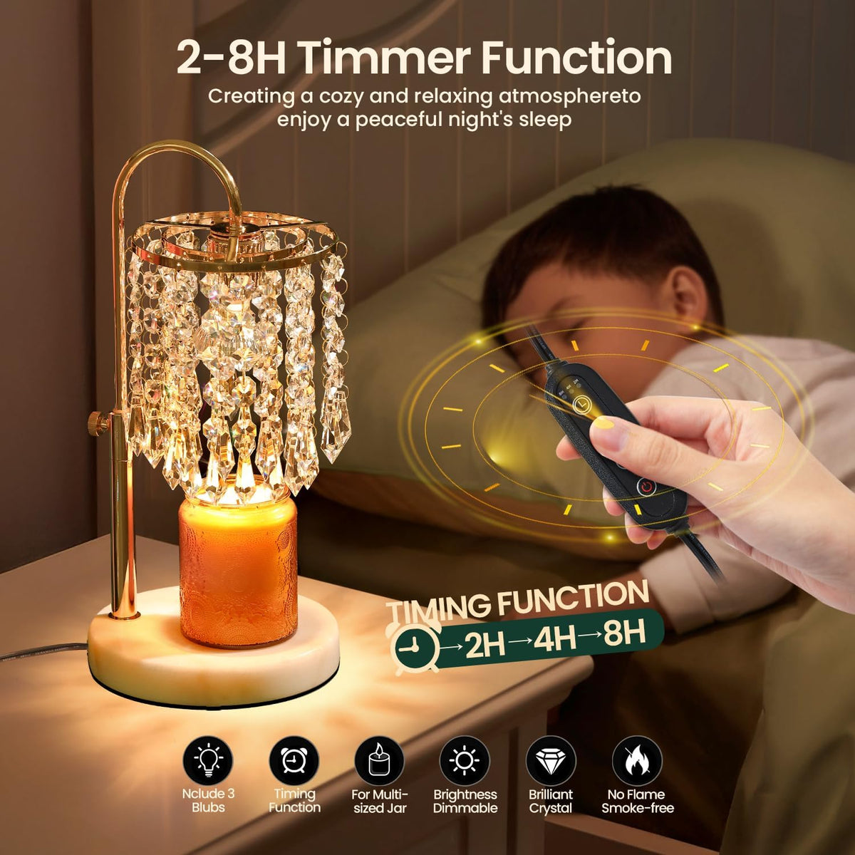 Candle Warmer Lamp with Timer Dimmer，2H/4H/8H Timer , Lamp Candle Warmer with Marble Base for Adjustable Height, Crystal Wax Melt Warmer for Jar Candles, House Warming Decor Gifts Mothers Day Gifts