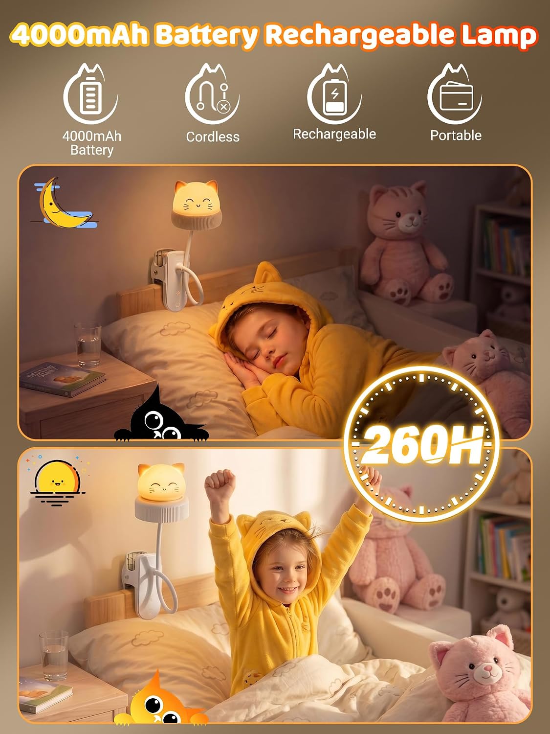 Cat Lamp,Dimmable RGB Clip on Light,Cute Desk Lamp Rechargeable Night Light