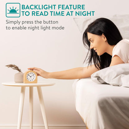 Navaris Wood Analog Alarm Clock - Half-Round Battery-Operated Non-Ticking Clock with Snooze Button and Light - Light Brown