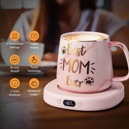 Coffee Mug Warmer & You are Awesome Mug Set, Electric Cup Warmer for Desk | Beverage Warmer Plate for Coffee, Tea, 4 Temperature Setting, 8-Hours Auto Shut Off, 14oz Mug with Spoon & Lid Included