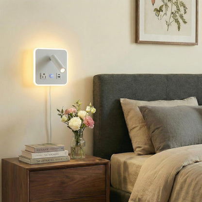 LED Headboard Reading Lamp, Dimmable Wall Sconce with USB-A/USB-C, White | Separate reading and ambient backlight controls, memory dimmer, adjustable angles, plug-in/hardwired, bedroom, bedside, hotel