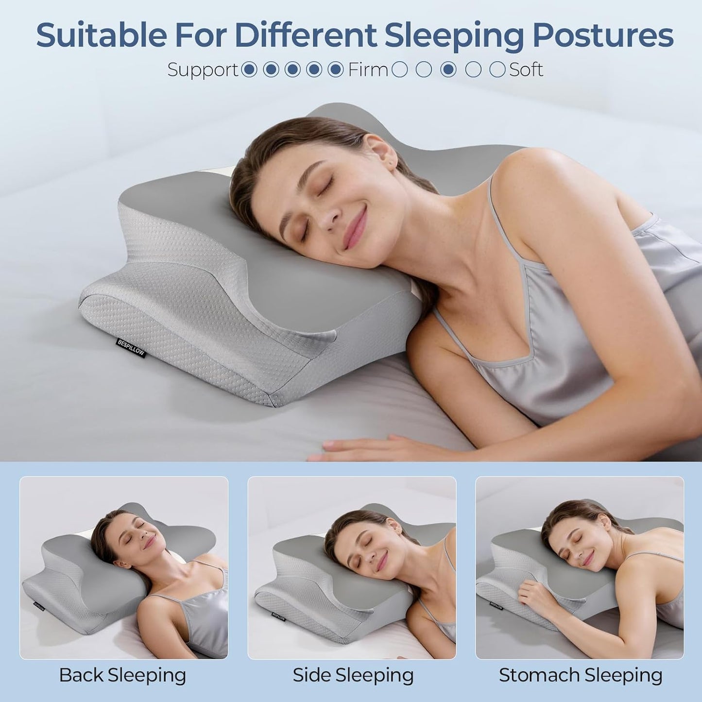 Cervical Neck Pillow for Pain Relief, Contour Memory Foam Pillows for Sleeping, Ergonomic Pillow Orthopedic Cooling Pillow Bed Pillow Neck Support for Side Back Stomach Sleepers（Grey&White