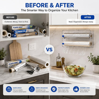 2in1 Plastic Wrap Dispenser with Cutter, Wall Mounted Plastic Wrap Dispenser with 2 Adhesive Hooks, 12 inch Clear Foil Dispenser with Cutter for Foil, Cling Wrap & Wax Paper for Easy Storage