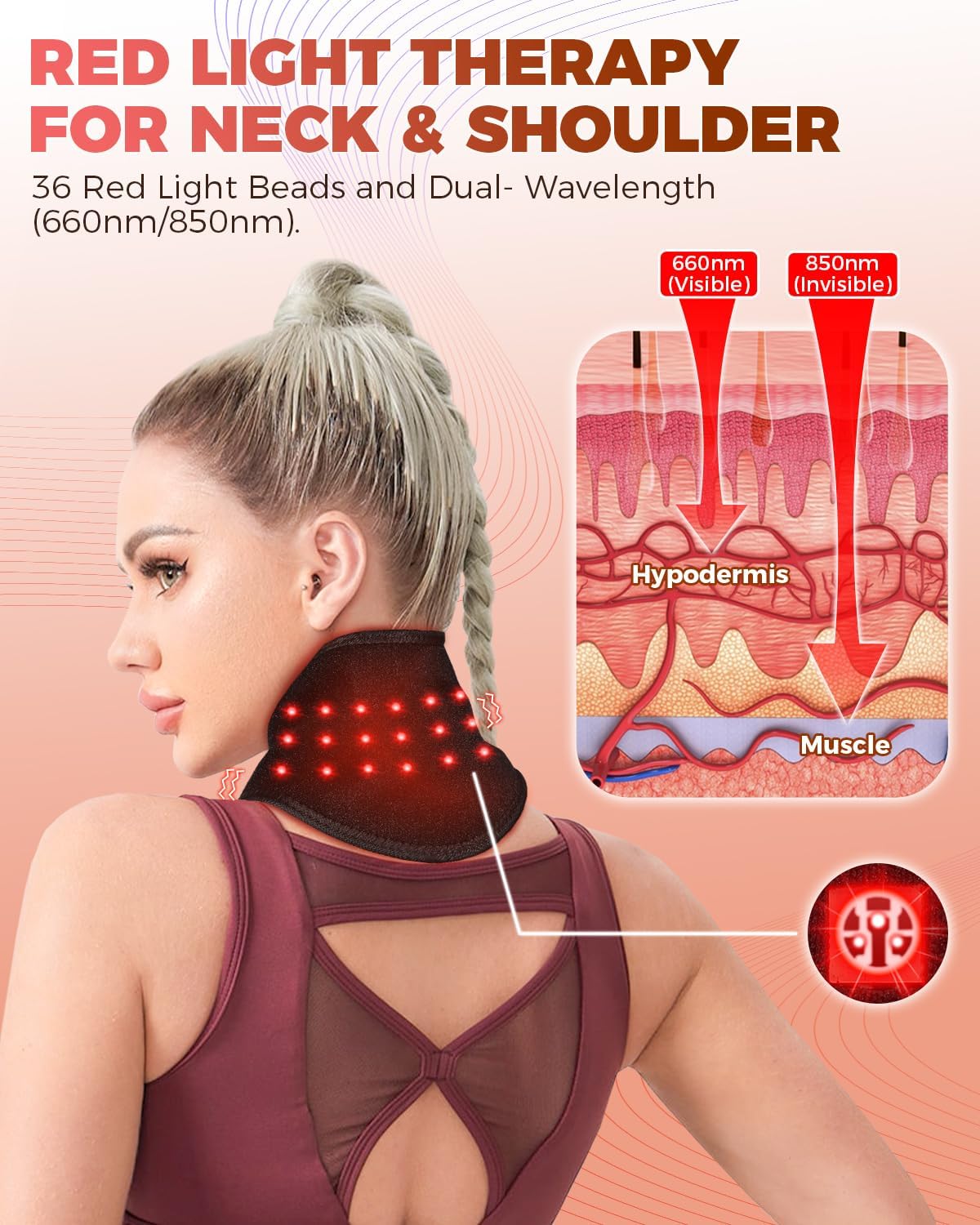 Red Light Therapy for Neck and Shoulders Wrap, Cordless Infrared Heating Pad Belt with Vibration for Body, Hands, Rechargeable Portable Neck Massager with Heat 660nm/850nm (Black)