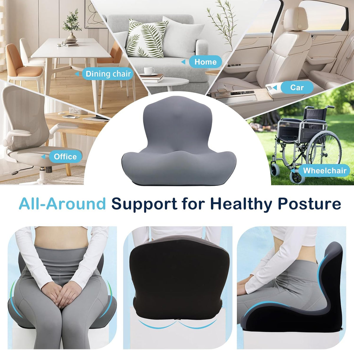 Seat Cushion for Office Chair and Car, L-Shaped Ergonomic Car Seat Cushions, Memory Foam Chair Cushion, Lumbar Support Pillow for Wheelchair, Car, Home, Office, Desk, Black