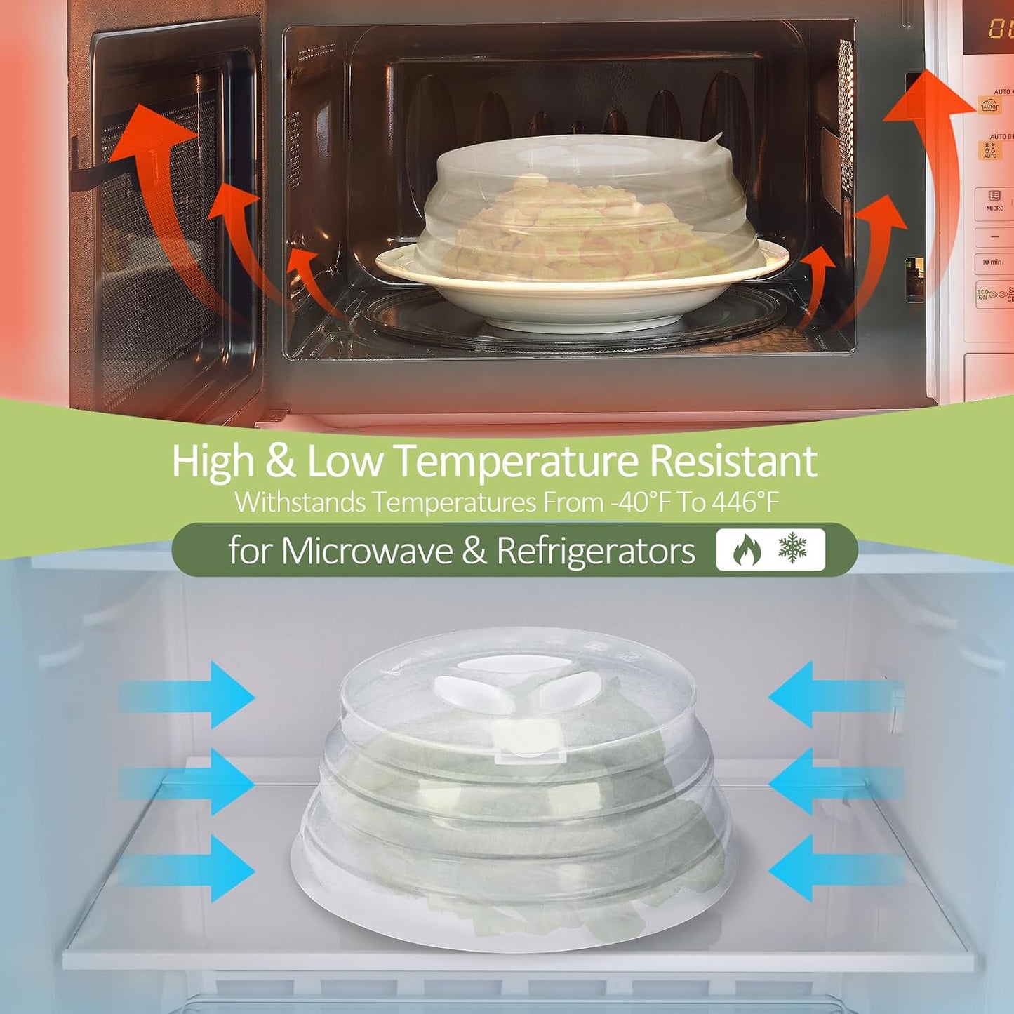 Set of 3 Collapsible Silicone Microwave Plate Cover for Food, Easy Grip Handle Clear Silicone Lids, Refrigerator Dishwasher Safe and BPA Free 7.5/9.4/10 Inch