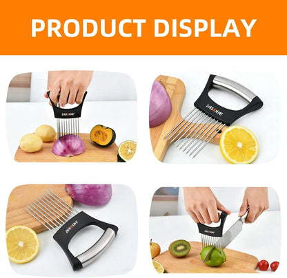Onion Holder for Slicing, Upgrade Stainless Steel Onion Slicer Holder Lemon Slicer Vegetable Cutter, Assistant Tool for Slicing Fruit, Potato, Tomato and Meat (2 Pack)