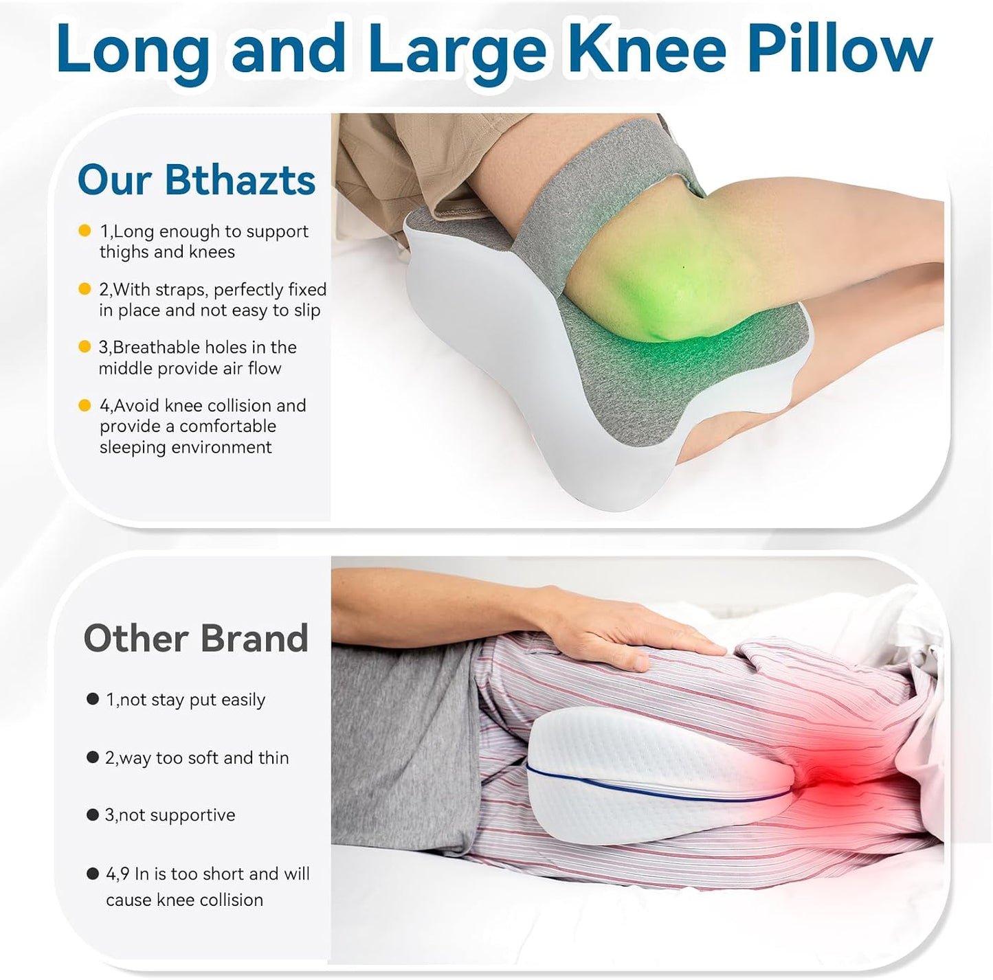 Long Knee Pillow for Side Sleepers Between Legs, Memory Foam Leg Pillow for Side Sleeping with Strap, Sciatica Pain Relief Pillow for Hip Pain, Spine Aligning, Back Pain, Pregnancy-Under