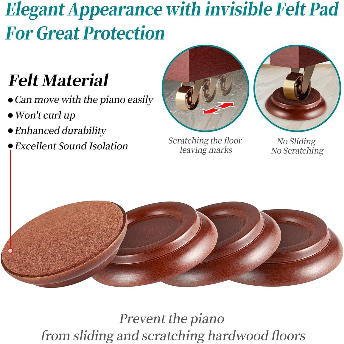 Piano Caster Cups Leg Floor Protectors WOGOD Upright Piano Caster Cups Felt Bottom Leg Pads for Wood Floor Furniture …