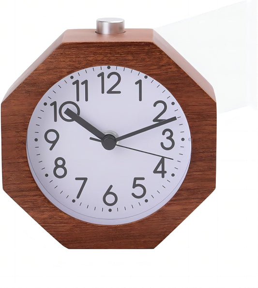 Wood Analog Alarm Clock 3'' Non-Ticking Backlight Battery Operated | Silent Arabic Numerals Wake Up Snooze for Bedroom Heavy Sleepers Brown