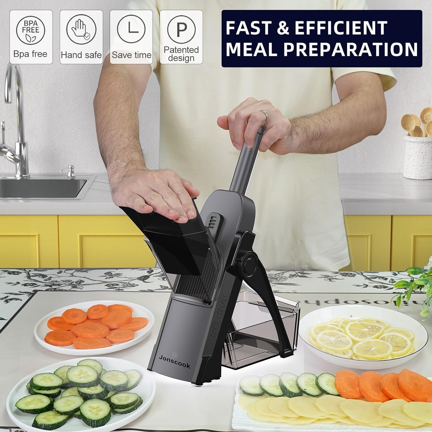 Jonscook All-in-1 Safe Mandoline Slicer for Kitchen, Vegetable Slicer with Container, Adjustable Veggie Mandoline, French Fry Cutter, Potato/Tomato/Onion Slicer, Grater/Cleaning Brush (Black Knight)