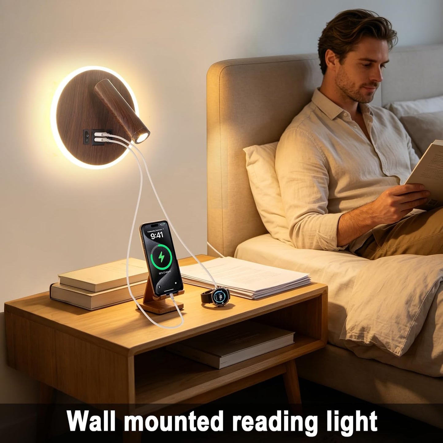 Plug in Wall Sconce with Wall Mounted Reading Lights with Switch | Wall Lamp for Bedroom with Charging Station USB C+A Ports,Bunk Bed Lights with 3W+9W Night Light,Walnut Color Reading Light