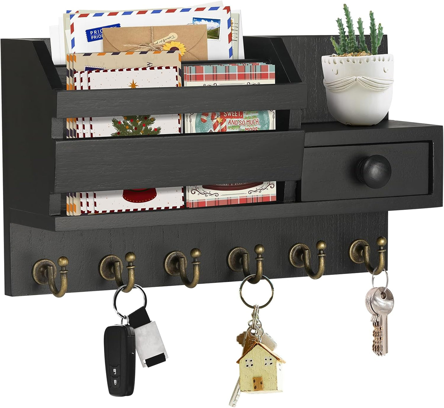 VIS'V Key Holder Wall Mount, Wooden Mail and Key Organizer, White | Contains Little Drawer, Small Shelf, 2 Slots, 6 Hooks, for Entryway, Hallway, Doorway, Kitchen, Garage, RV