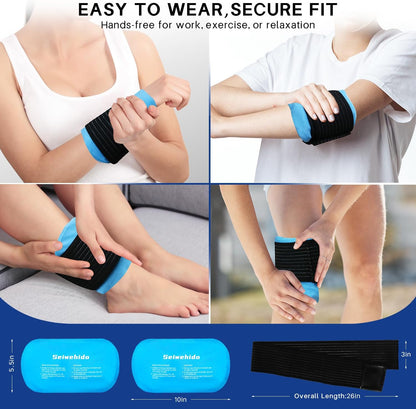 Ice Packs for Injuries Reusable Gel 2 Hot Cold Compress Therapy Pack with Adjustable Strap Soft Ice Wraps for Ankle Knee Leg Neck Shoulder Wrist Feet Back Pain Relief (Purple, Medium 10 x 5.5 Inch)