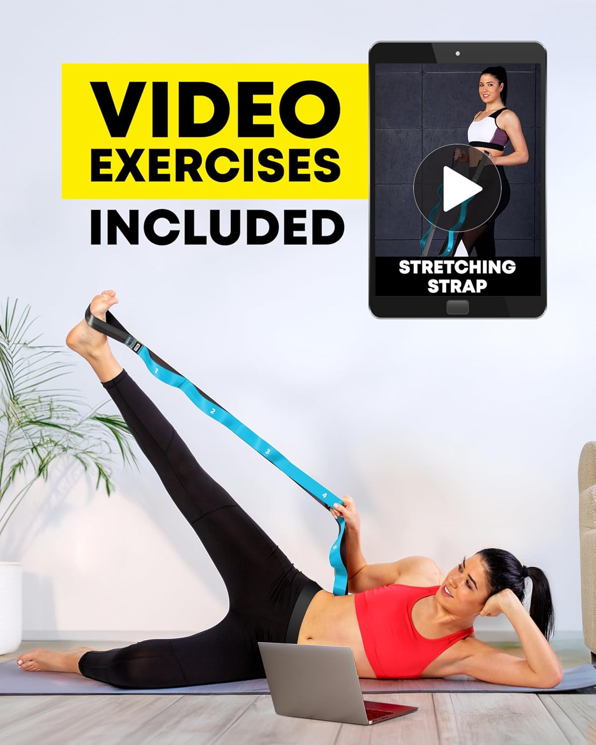 Stretching Strap with Loops - Non Elastic Yoga Strap for Physical Therapy | Video Exercises Included - Stretch bands for Stretching Equipment and Flexibility - Fascia, Hamstring & Leg Stretcher Belt