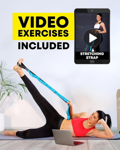 Stretching Strap with Loops - Non Elastic Yoga Strap for Physical Therapy | Video Exercises Included - Stretch bands for Stretching Equipment and Flexibility - Fascia, Hamstring & Leg Stretcher Belt