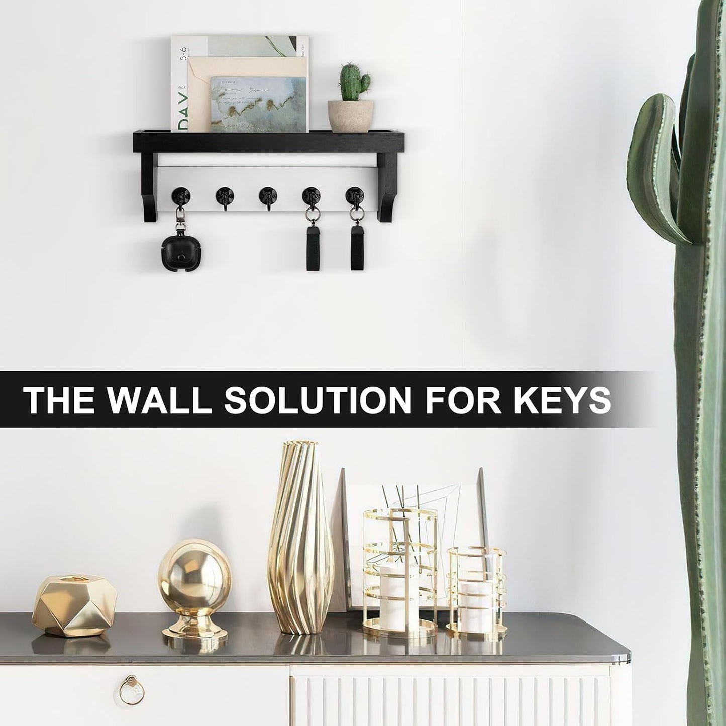 Key and Mail Holder Wall Mount, Mail Organizer with 5 Key Hooks | Key Holder with Shelf, Key Holder for Coat, Dog Leash, Home Decor Rack, Entry Way Organizer