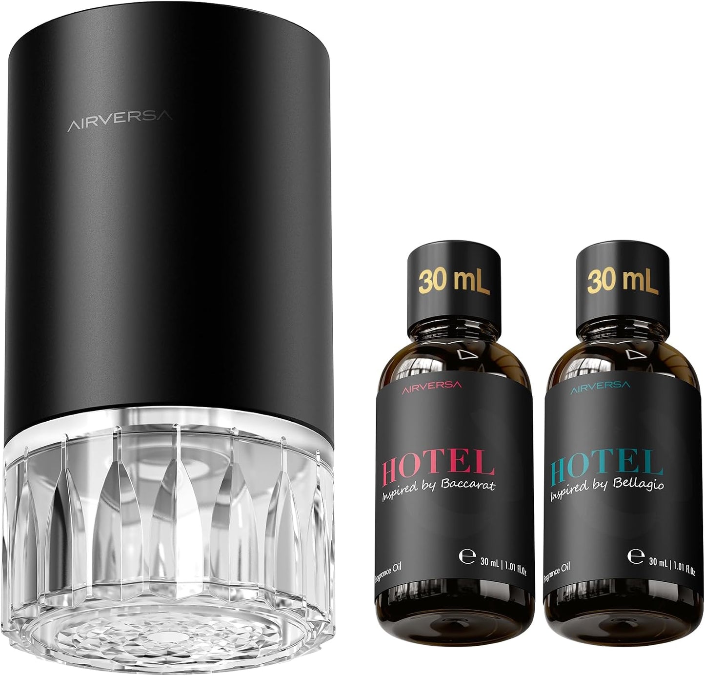 Airversa Waterless Essential Oil Diffuser for Home Room Desk Car Air Freshener Diffuser, Up to 600 sq ft, Battery Operated, Mist Level and Timer Settings, 100mL Capacity, Cold Air, RD1 Black