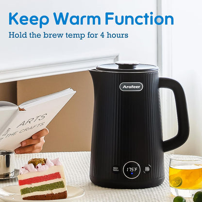 Arofeer® Electric Kettle Temperature Control, 1.7L Stainless Steel Electric Tea Kettle with LED Display, 5 Presets, 4-Hour Keep Warm, Fast Boil Hot Water Kettle for Tea, Coffee & Oatmeal, Black