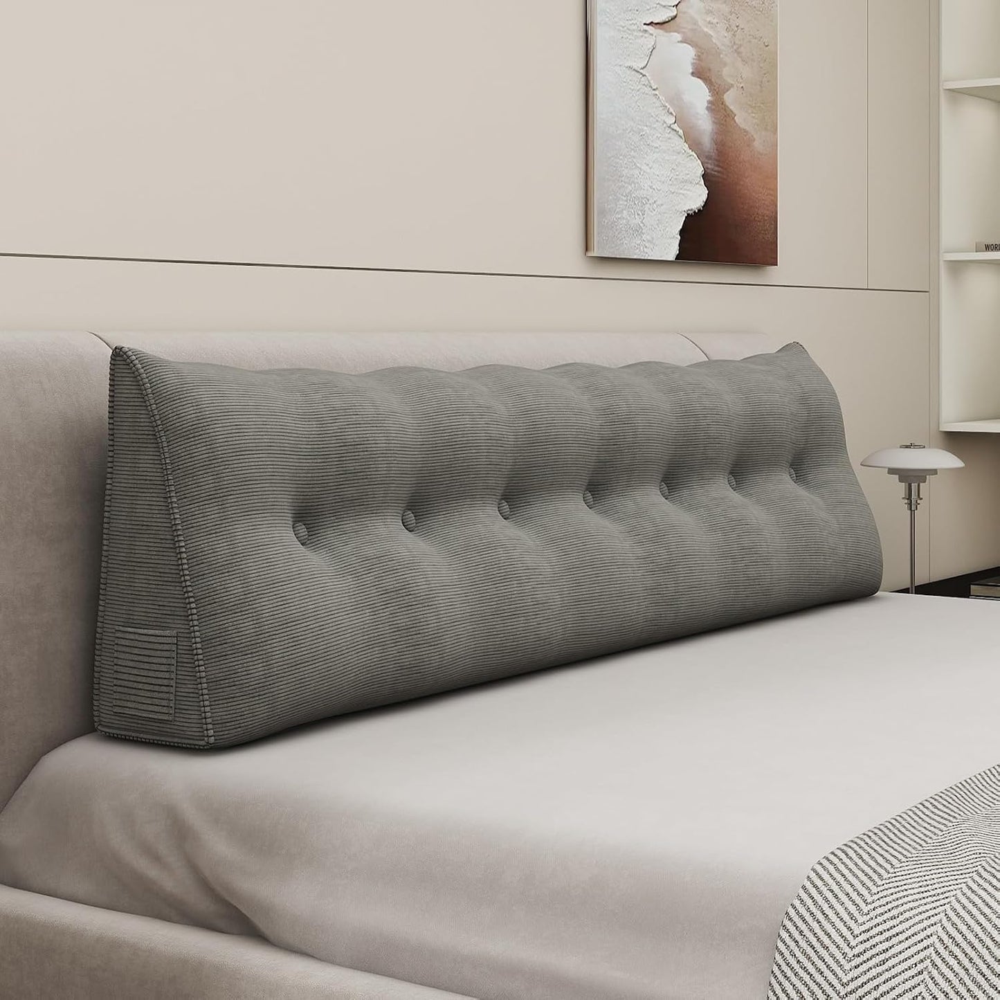 Headboard Wedge Pillows for Sitting Up in Bed Rest Adult，Triangular Upholstered Stuffed Reading Pillow for Sofa Couch Back Cushions Lumbar Body Support Dorm Bedroom（King，Corduroy Gray）