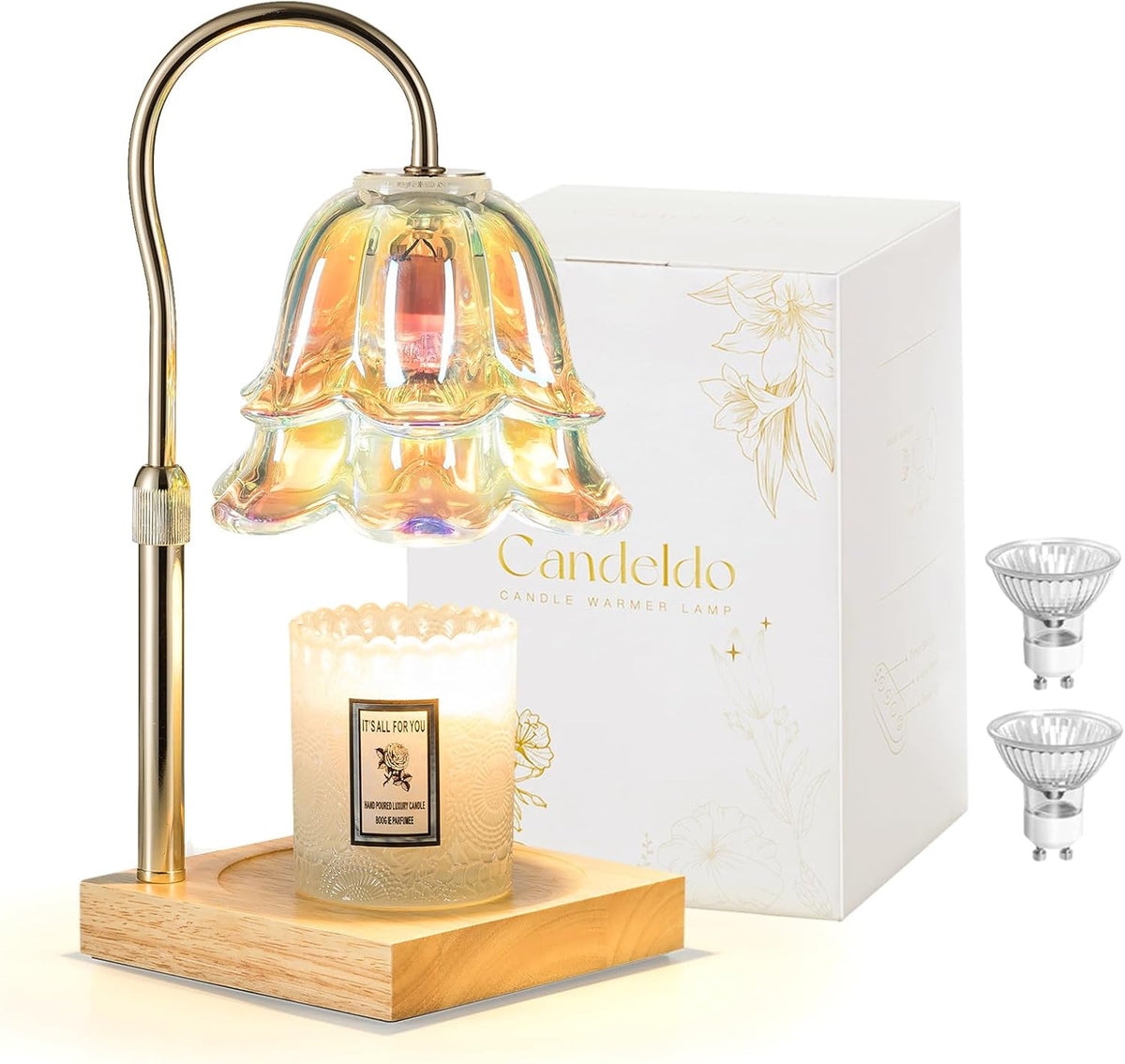 Candeldo Candle Warmer Lamp with Timer, Gold Flower Glass Shade