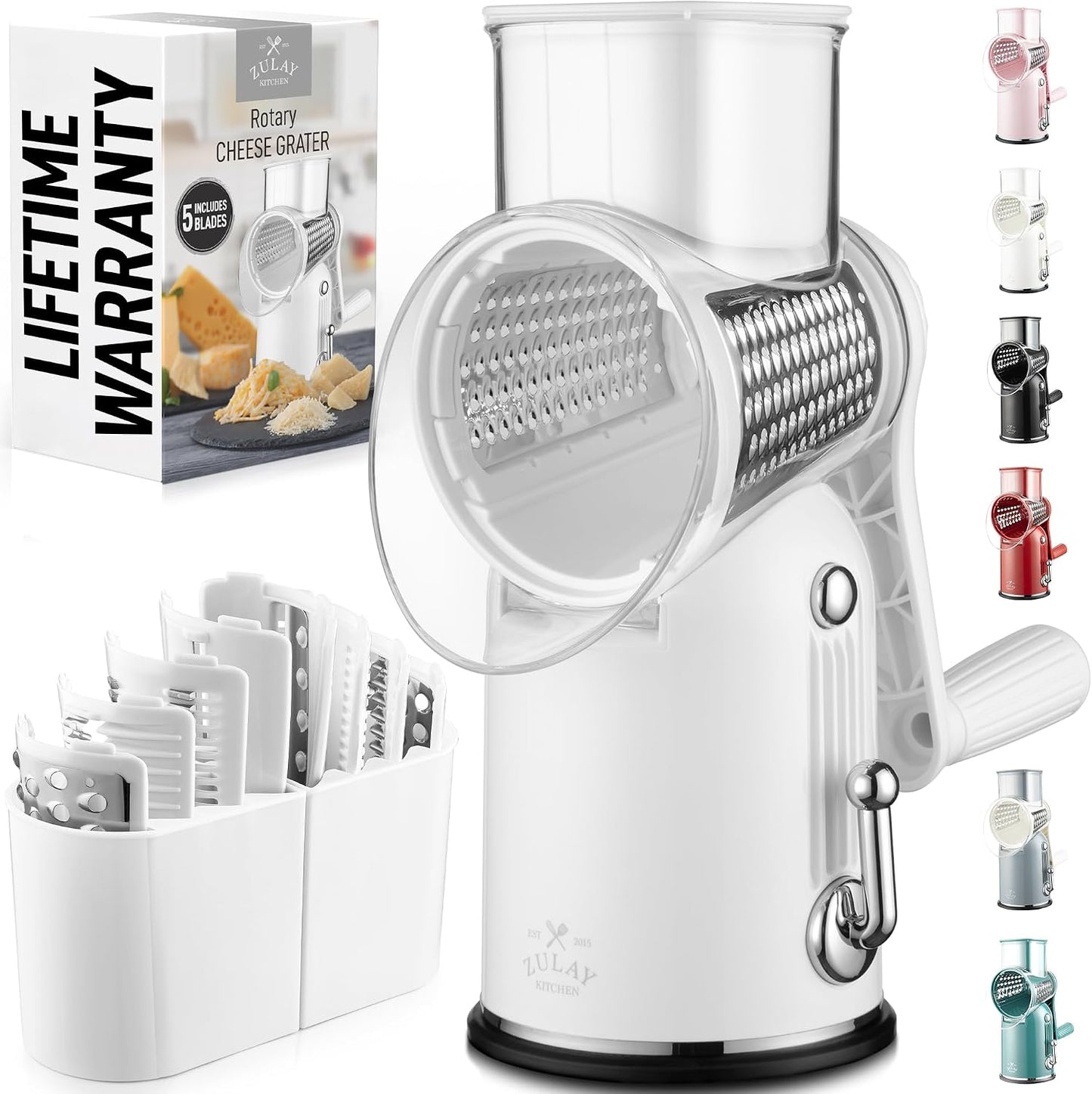 Zulay Kitchen Rotary Cheese Grater 5 Blade Cheese Shredder - Manual Hand Crank Cheese Grater With Reinforced Suction & 5 Interchangeable Drums - Easy to Use, Vegetable Chopper Round Mandoline Slicer - Colors A