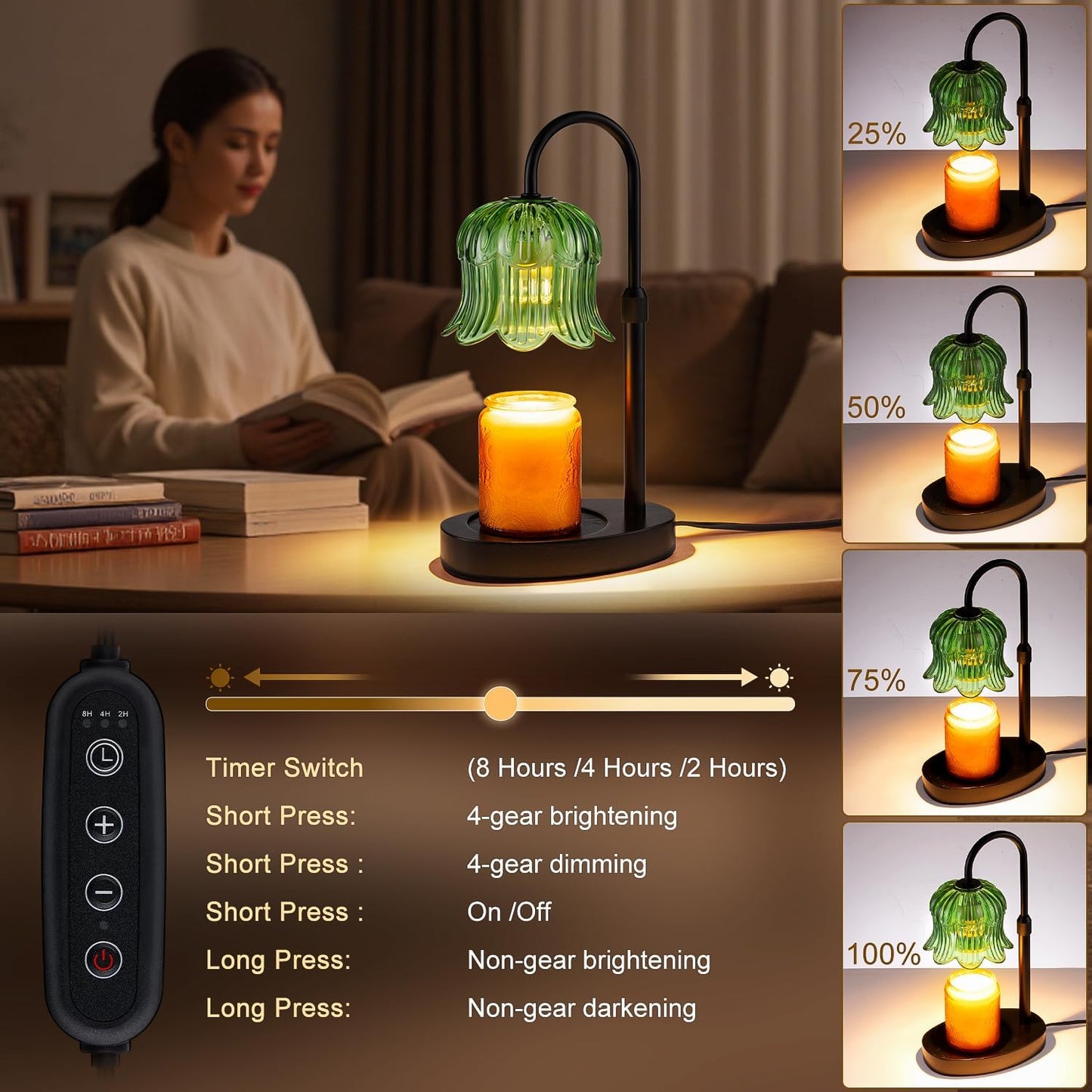 Candle Warmer Lamp Adjustable Timer - Electric Flower Glass Candles Light | Height Adjustable Dimmable Vintage Base Modern Wax Candles Jar Top Warmers Wax Melts Birthday Women Mom House Warming Gifts