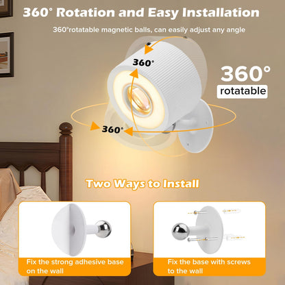 LED Wall Mounted Lights 4 Psc with Remote, 3000mAh Rechargeable Battery Operated Wall Sconces, 3 Lighting Modes & Dimmable, 360°Rotate Cordless Wall Light for Bedroom Bedside Reading Study (White)
