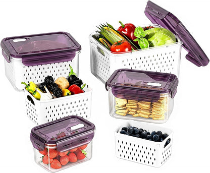 Fruit Storage Containers for Fridge with Removable Colander, Food Storage Containers with Lids, Dishwasher & Microwave Safe, Keep Berry Fruit Vegetable Meat Fresh Longer (Clear Body/Clear Lid)