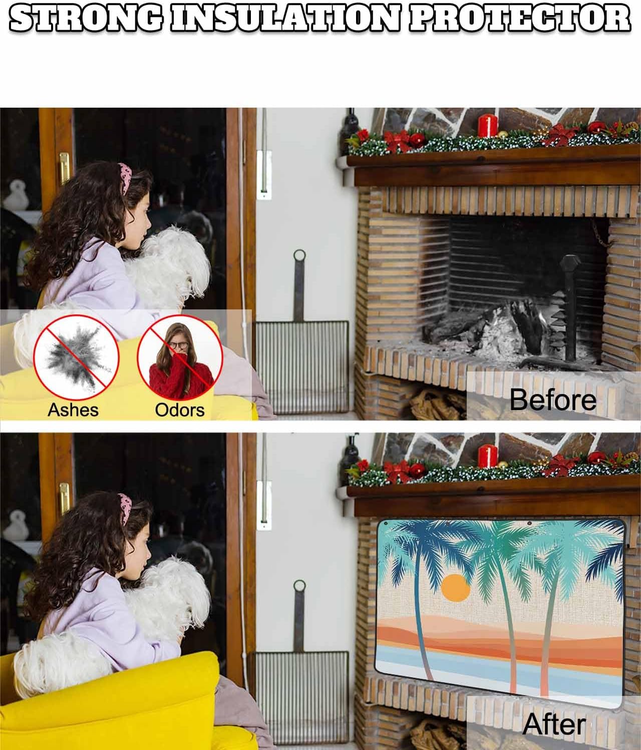 Magnetic Fireplace Cover Boho Summer Beach Fireplace Screen Decorative Mount Coconut Tree Bohemian Insulation Fireplaces Blocker Save Energy Fireplaces Draft Stopper Covers for Living Room 45x34