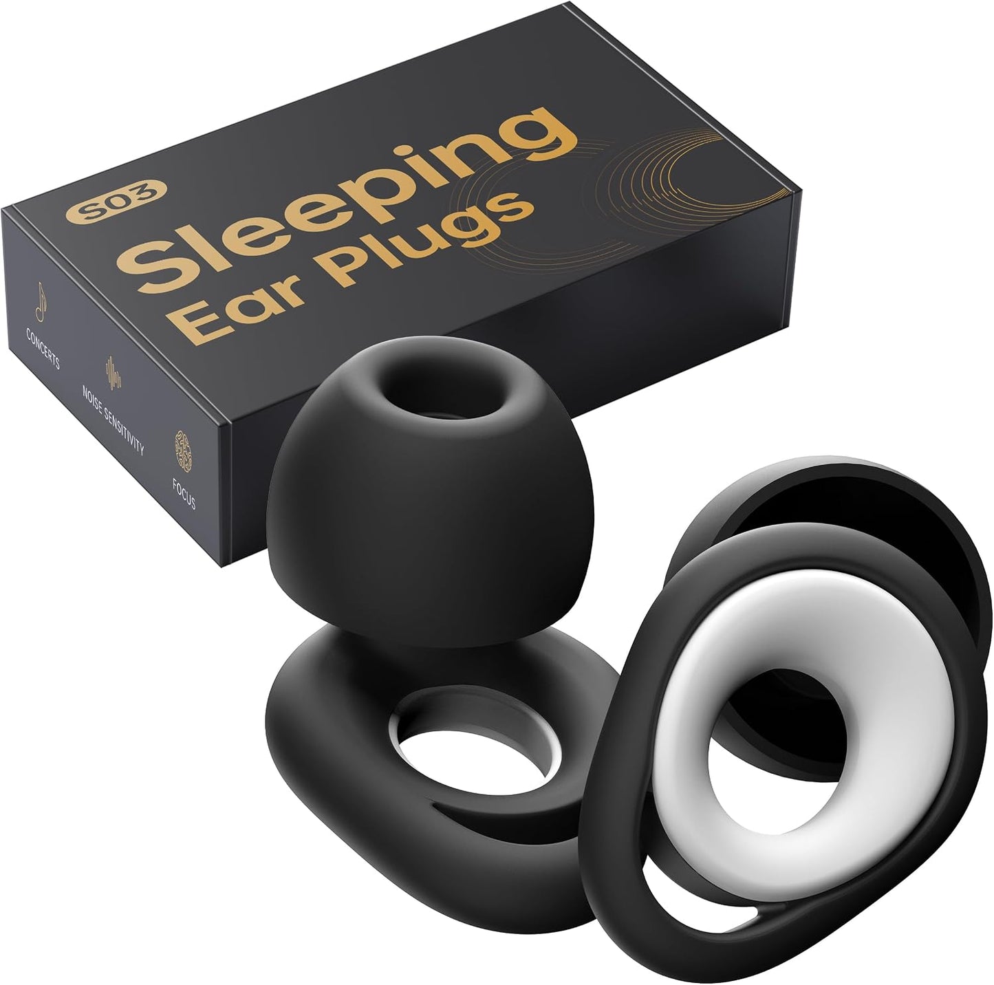 Ear Plugs for Sleeping, Reusable Silicone, 28dB Noise Reduction | Noise Cancelling, High Fidelity with Mute Layer for Travel and Focus, Black-White